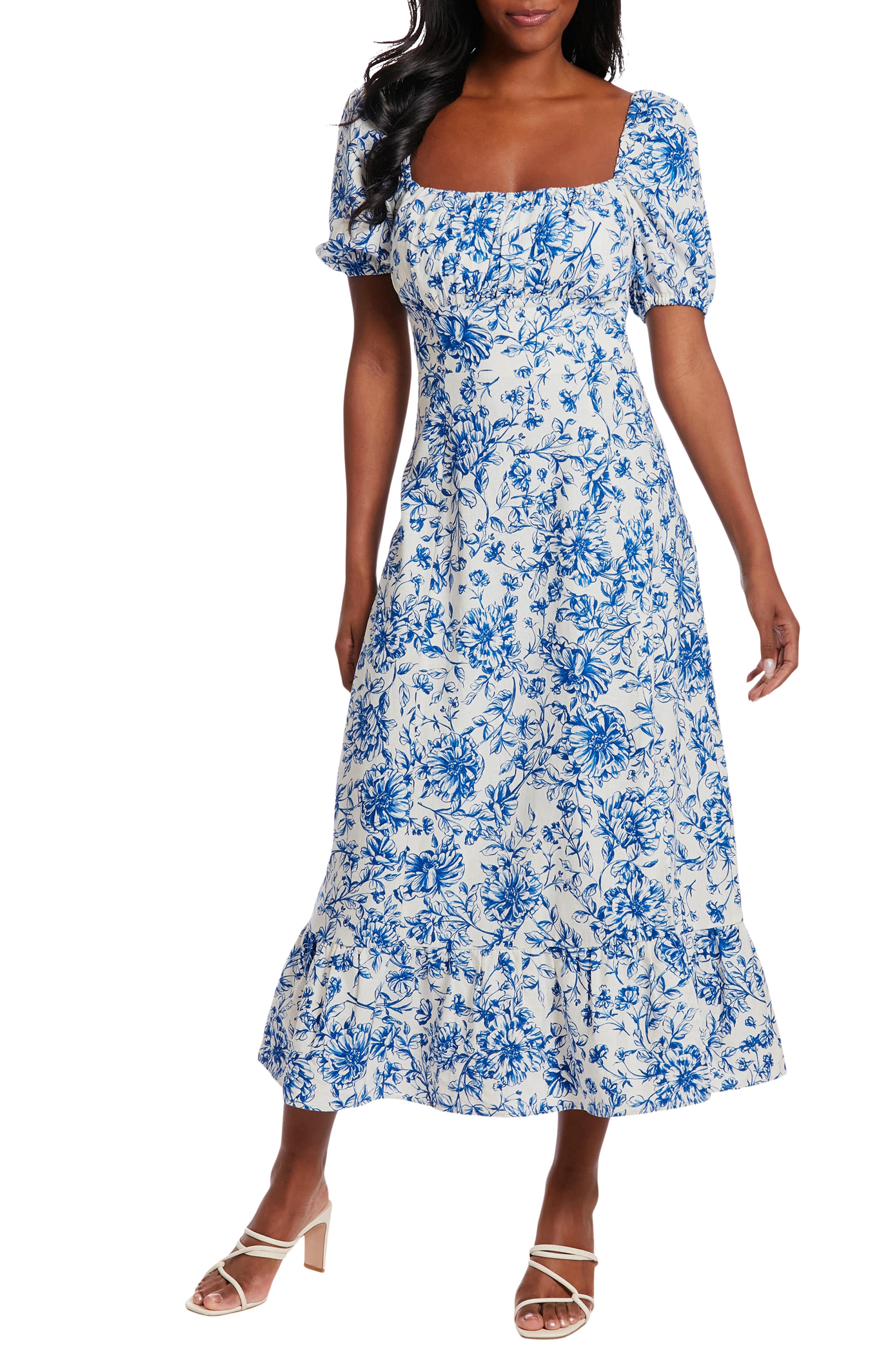 London Times Puff Sleeve Midi Dress