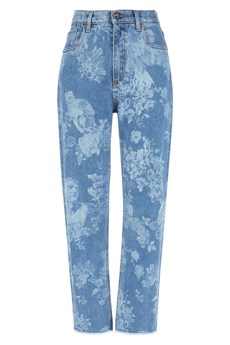 Floral & Bust Print Fray Hem Jeans, Alternate, color, NAVY