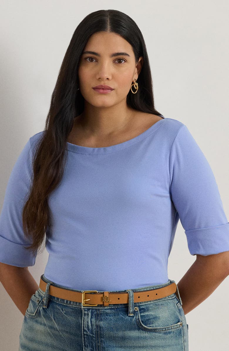 Lauren Ralph Lauren Judy Elbow Sleeve Boat Neck Stretch Cotton Top, Alternate, color, Banker Blue