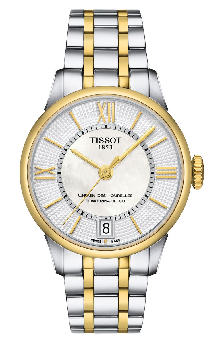 Tissot Chemin des Tourelles Two-Toned Bracelet Watch, 32mm, Main, color, White Mother Of Pearl