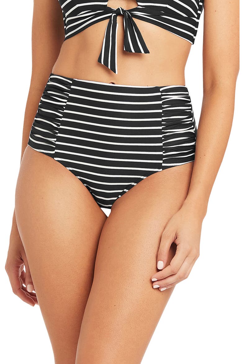 Stripe High Waist Gathered Side Bikini Bottoms, Main, color, BLACK