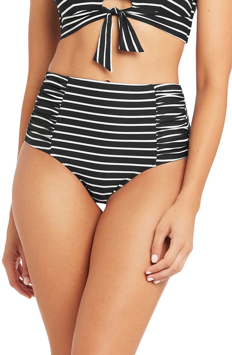 Sea Level Stripe High Waist Gathered Side Bikini Bottoms, Main, color,
