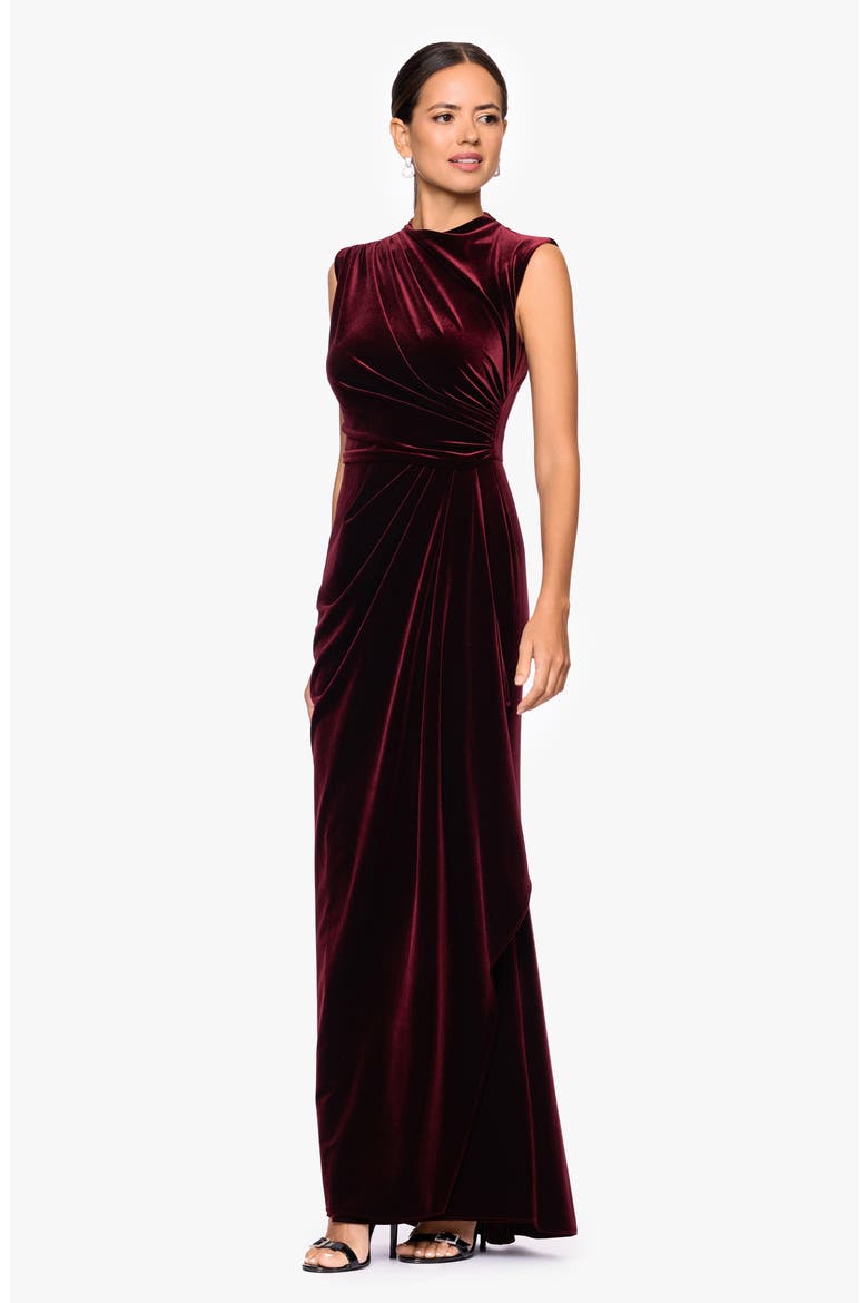 Ruched Velvet Column Gown, Alternate, color, BURGUNDY
