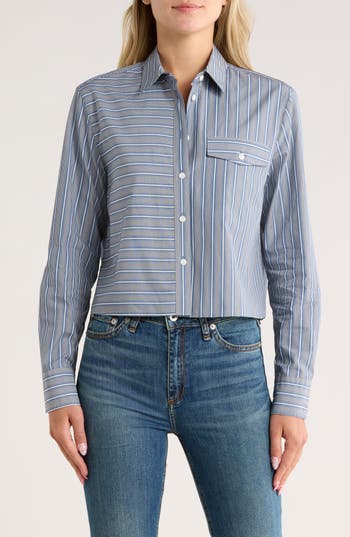 Rag & Bone Mina Stripe Crop Cotton Shirt In Blue