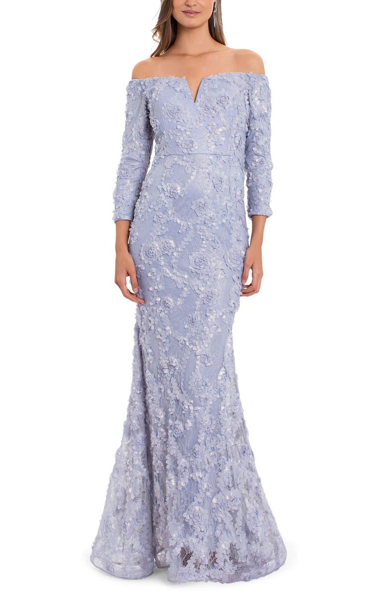 Xscape Evenings Xscape Off The Shoulder Long Sleeve Lace Trumpet Gown, Main, color, 