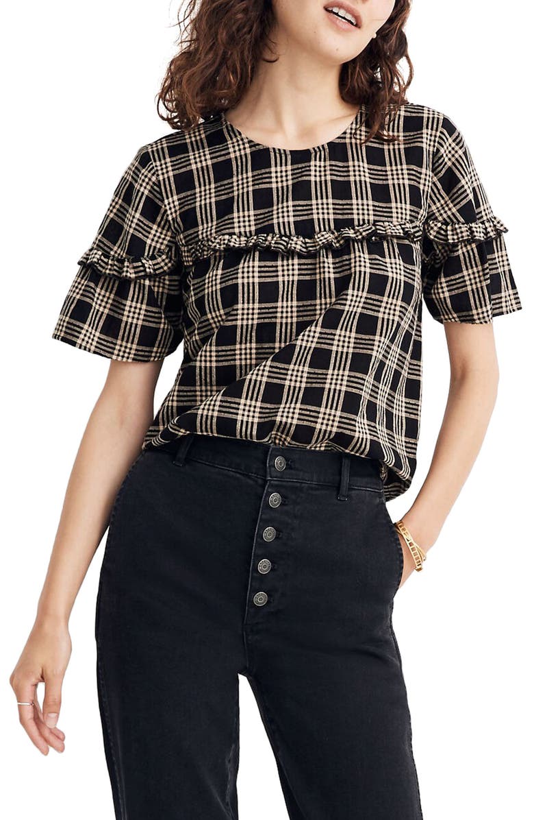 Madewell Metallic Plaid Ruffle Yoke Top, Main, color,
