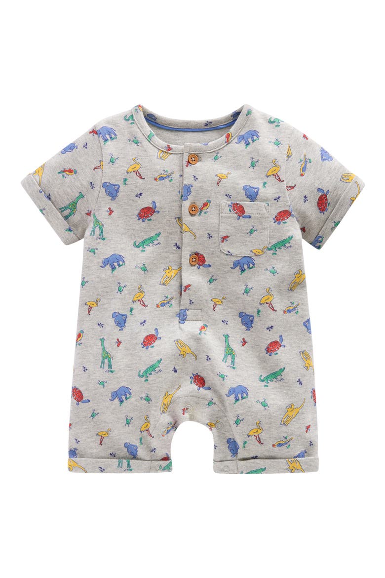 Short Sleeve Cotton Jersey Romper, Main, color, GREY MARL JUNGLE ANIMALS