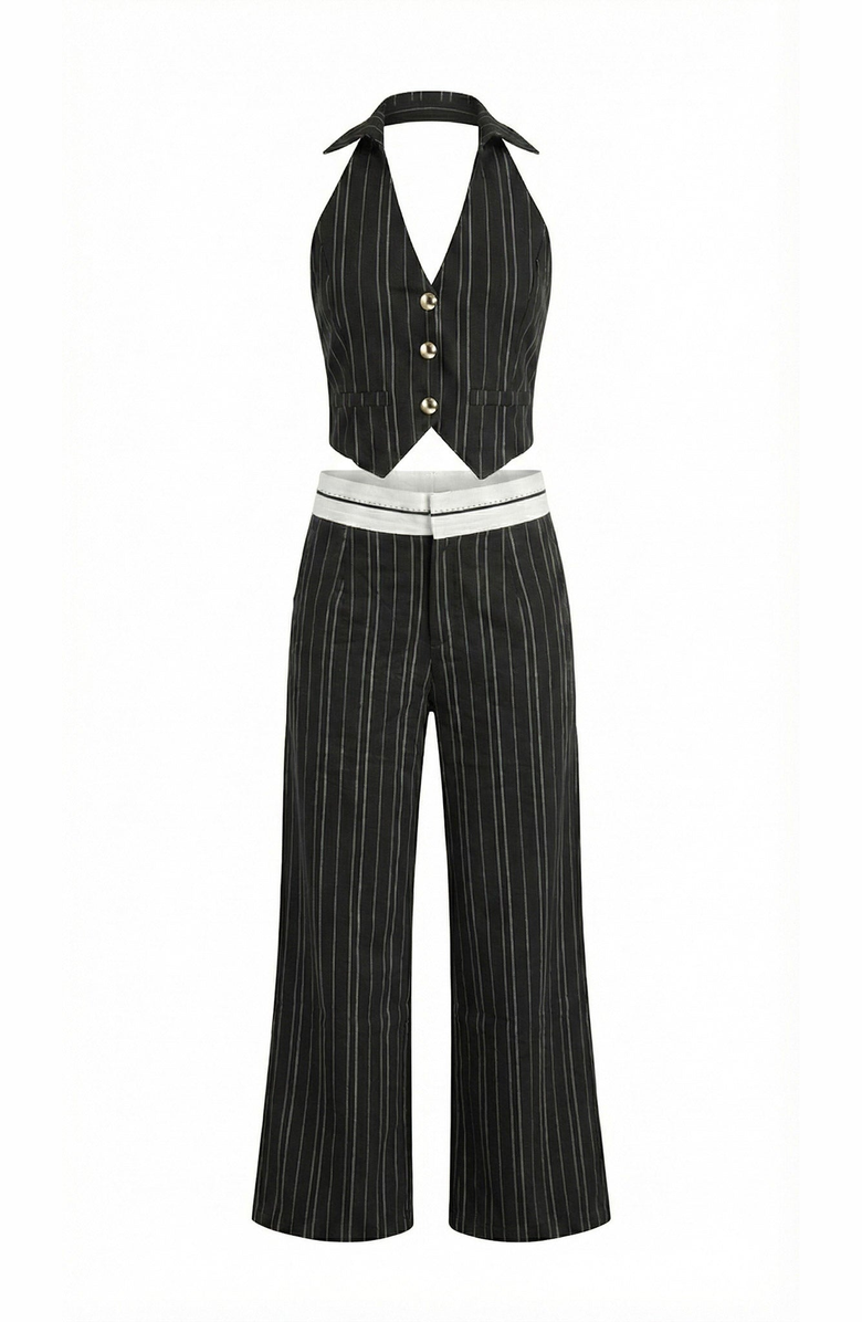 Modenaire Pinstripe Halter Vest and Wide Leg Pants Set, Alternate, color, Black Pinstripe