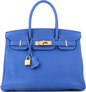 Pre-Owned Hermes Birkin Handbag Blue Clemence with Gold Hardware 30