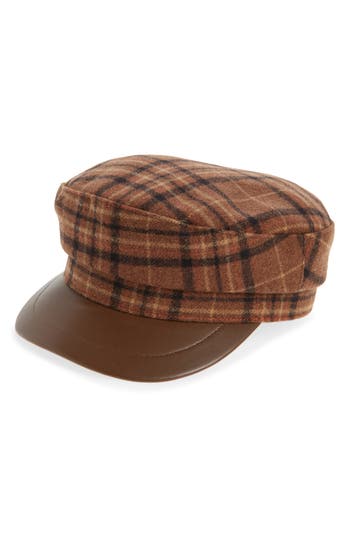 Nordstrom Rack Plaid Faux Leather Brim Cabbie Driving Cap In Brown