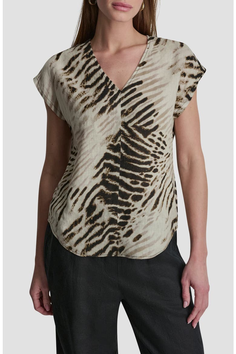 Print Colorblock Linen V-Neck Top, Main, color, BRUSHED SANDBED