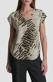 DKNY Print Colorblock Linen V-Neck Top