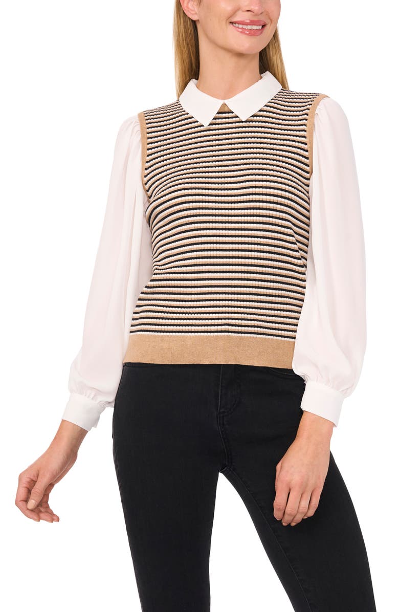 CeCe Thin Stripe Mixed Media Sweater Top, Main, color, 