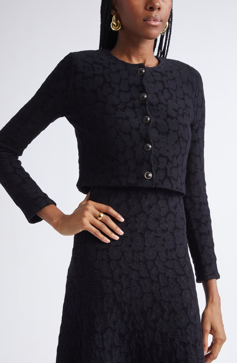 ST. JOHN Leopard Jacquard Crop Cardigan Jacket, Alternate, color, Black Multi