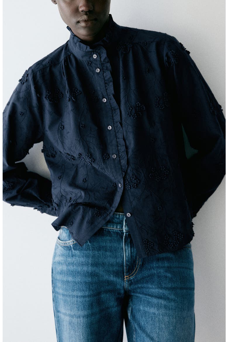 Embroidered Ruffle Shirt, Main, color, NAVY