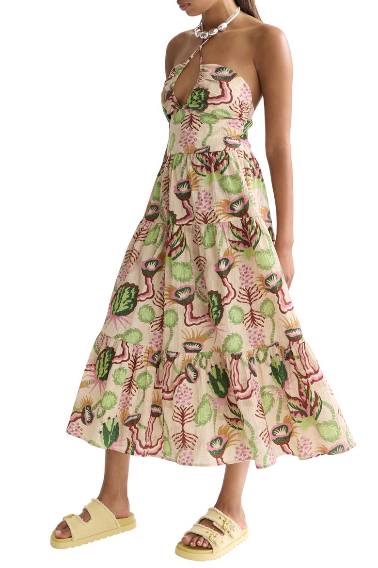 Keyhole Halter Stretch Cotton Seersucker Midi Sundress, Alternate, color, DESERT FLORAL CANYON CLAY