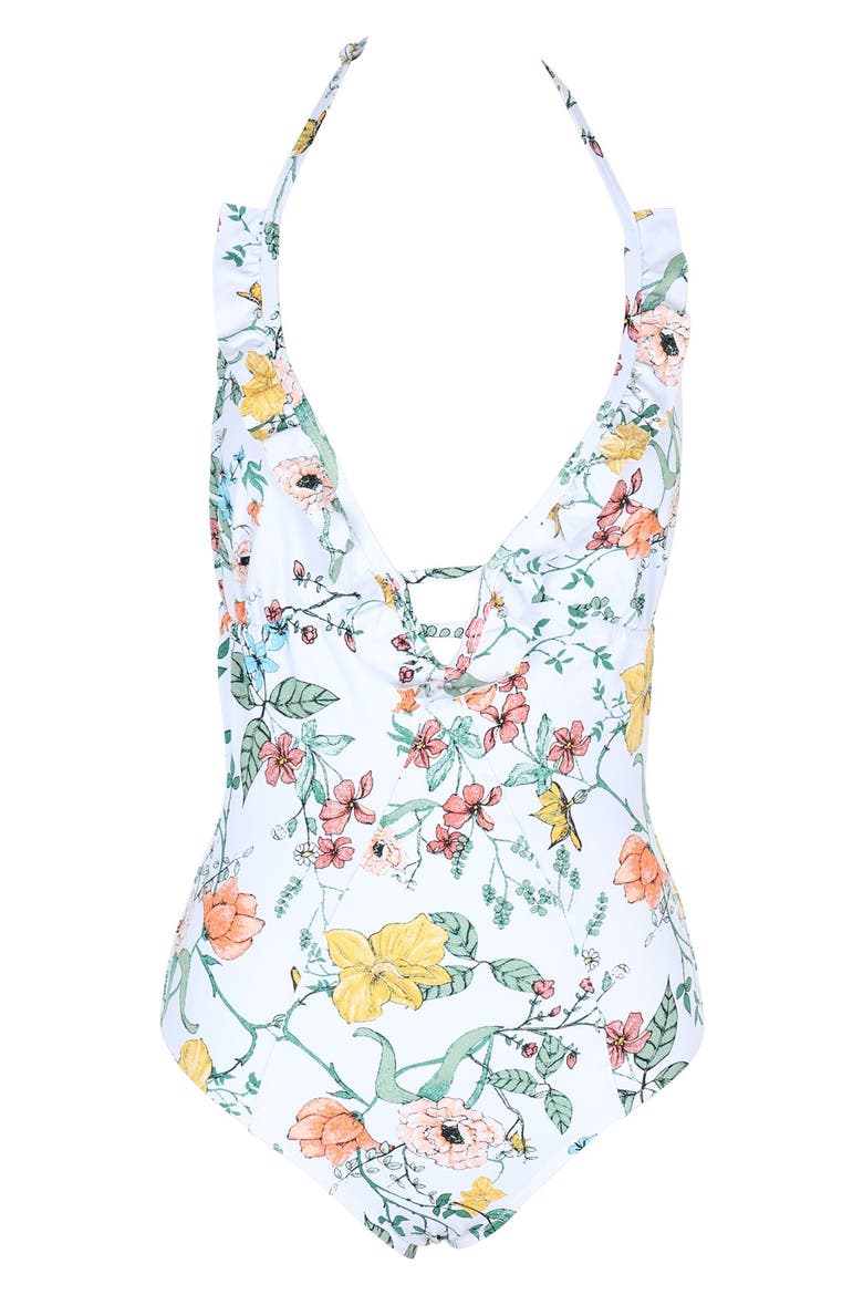 'Sunny May' Floral Print One-Piece Swimsuit, Alternate, color, WHITE
