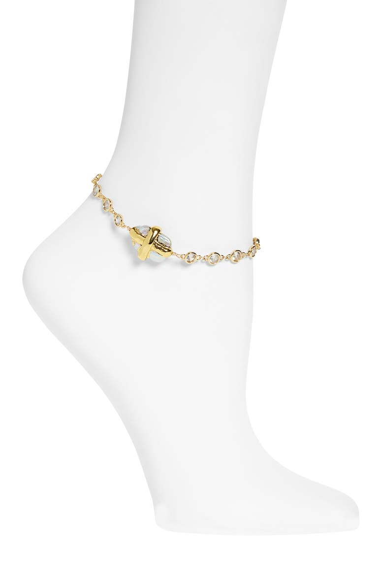 Cubic Zirconia & Freshwater Pearl Anklet, Main, color, GOLD