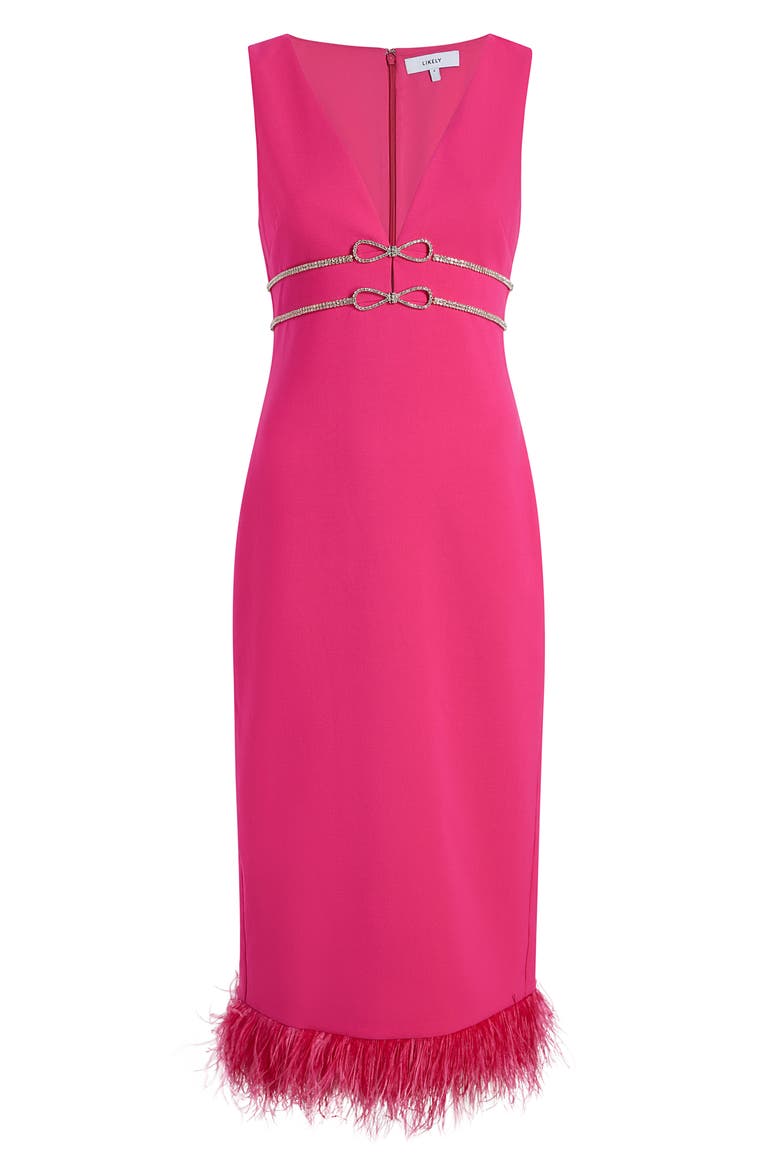 Corianne Feather Trim Empire Waist Midi Dress, Alternate, color, FUSCHIA