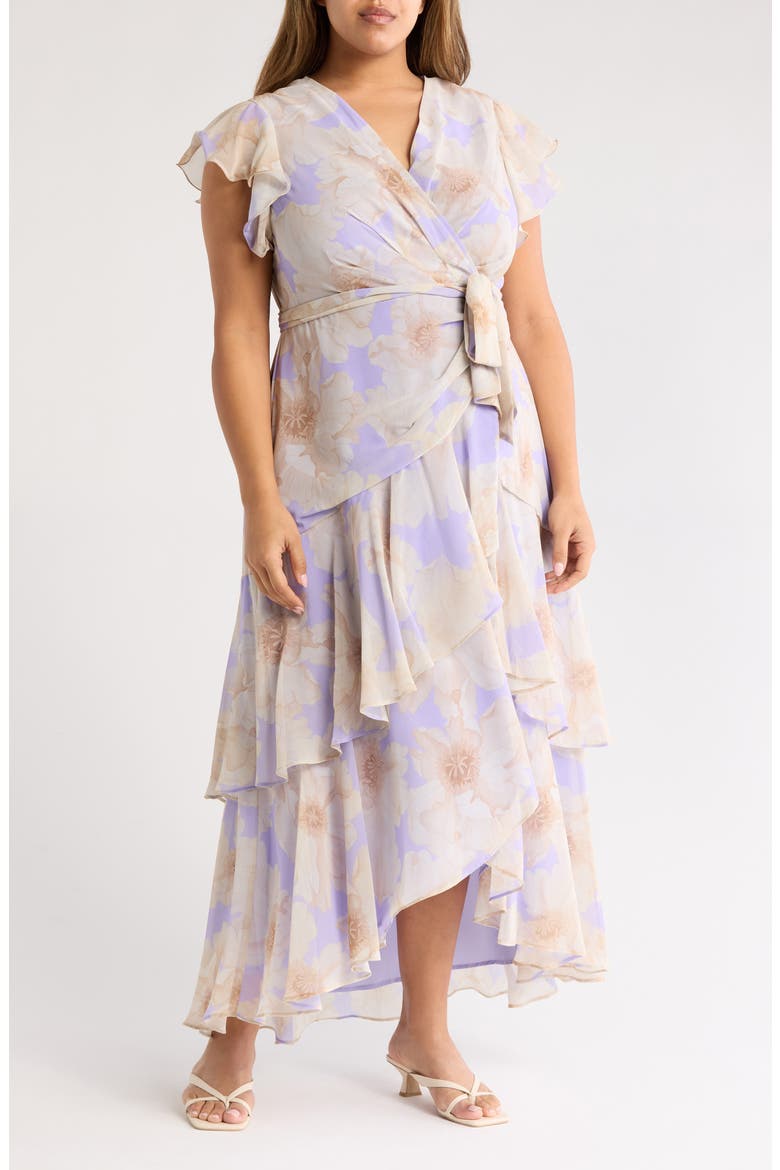 Ruffle High-Low Wrap Maxi Dress, Main, color, LAVENDER FLORAL