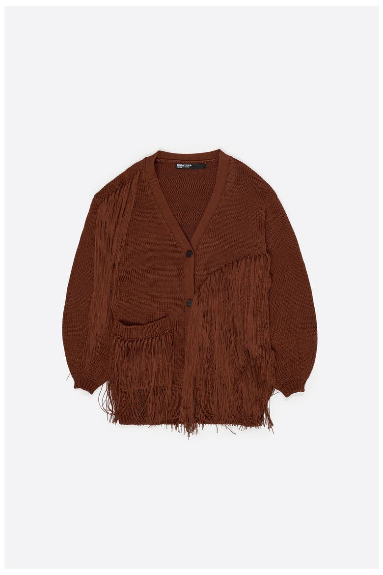 Long Fringed Knit Cardigan, Main, color, TOFFEE