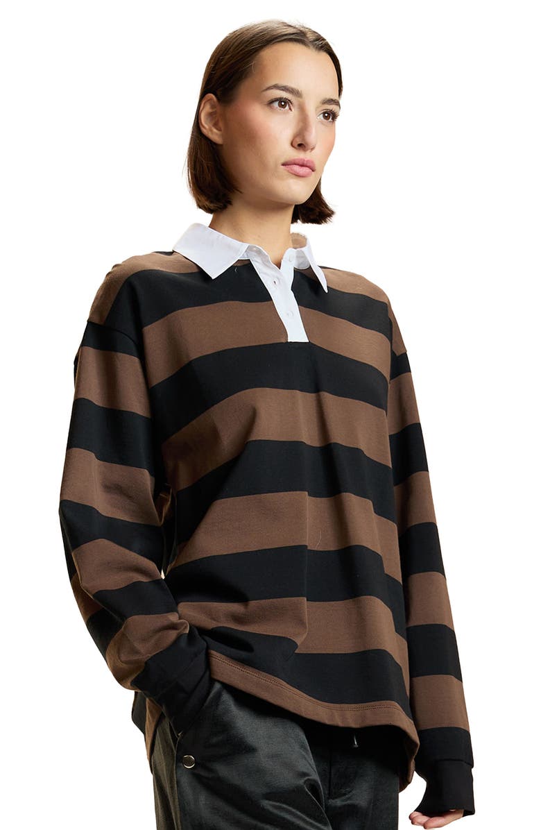 Cynthia Rowley Striped Cotton Rugby Shirt, Main, color, Black