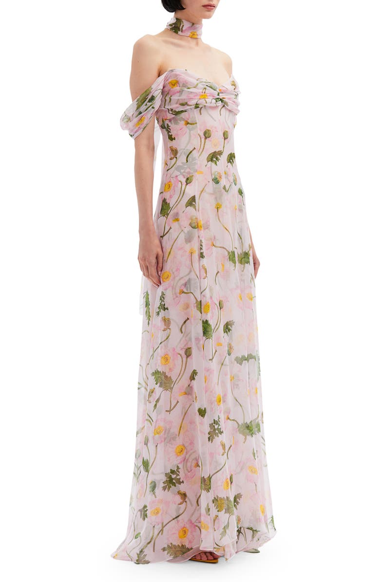Oscar de la Renta Poppy Print Ruched Off the Shoulder Silk Chiffon Gown, Alternate, color,