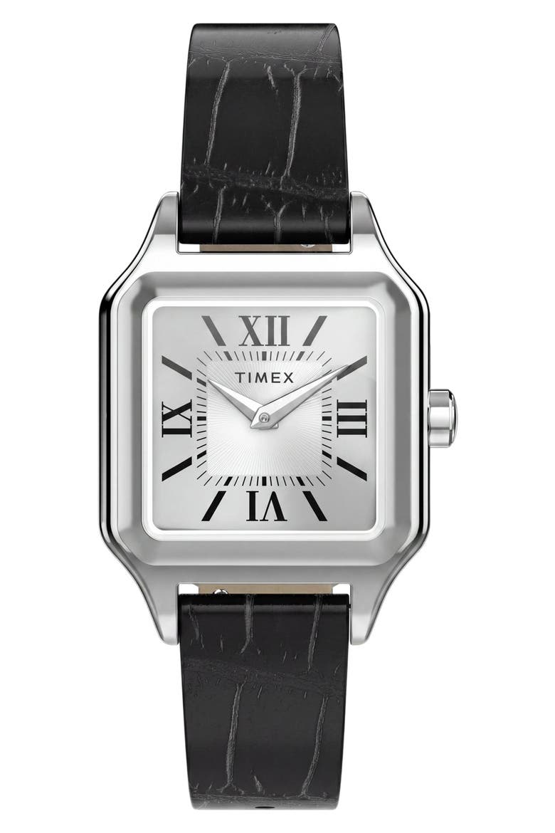 Addison Leather Strap Watch, Main, color, BLACK