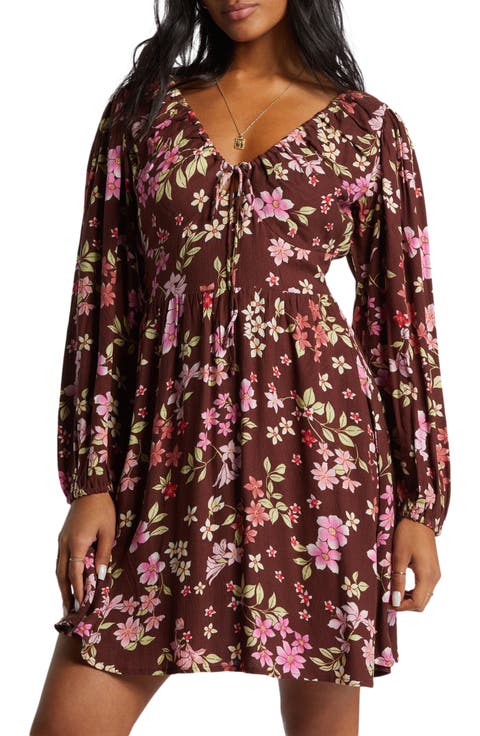 Floral Long Sleeve Tie Neck Dress