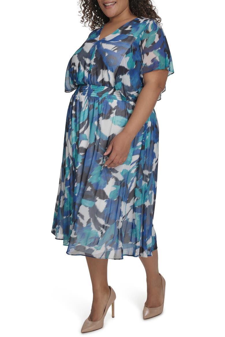 Flutter Sleeve Fit & Flare Midi Dress, Alternate, color, IVORY MULT