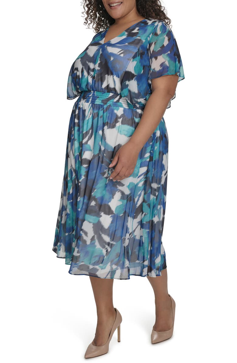 DKNY Flutter Sleeve Fit & Flare Midi Dress, Alternate, color, Ivory Mult