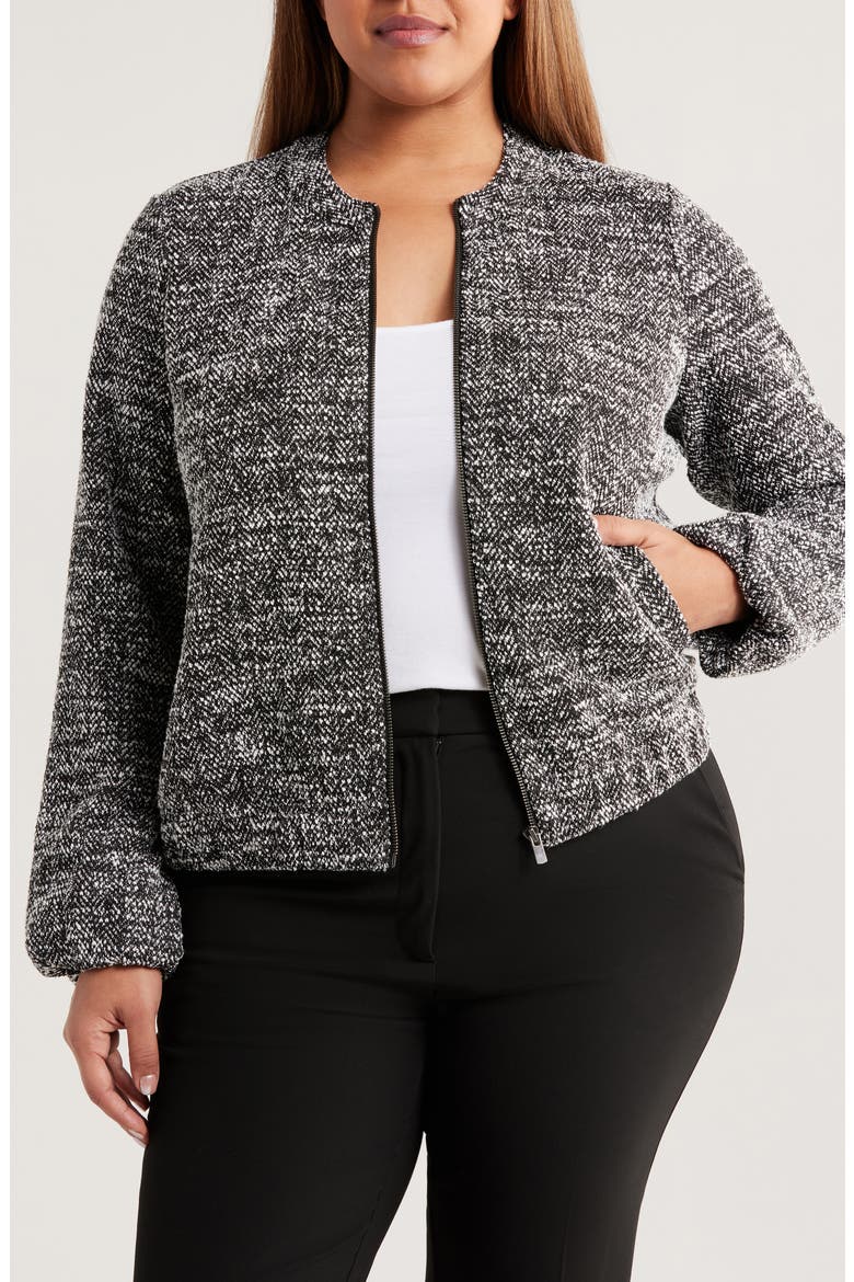 Herringbone Tweed Knit Bomber Jacket, Main, color, BLACK MULTI