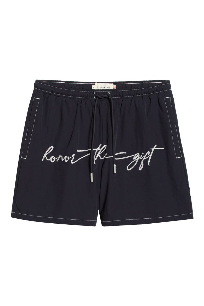 Hybrid Cursive 5-Inch Swim Trunks, Alternate, color, NAVY