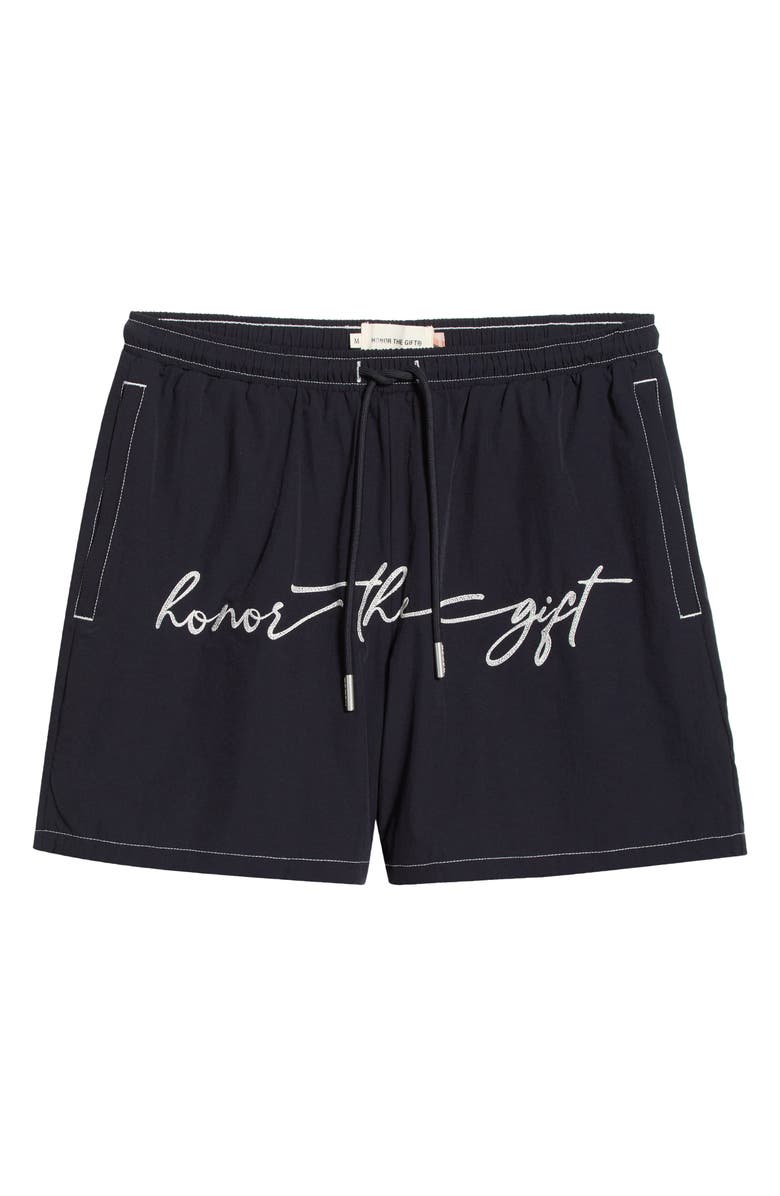 HONOR THE GIFT Hybrid Cursive 5-Inch Swim Trunks, Main, color, Navy