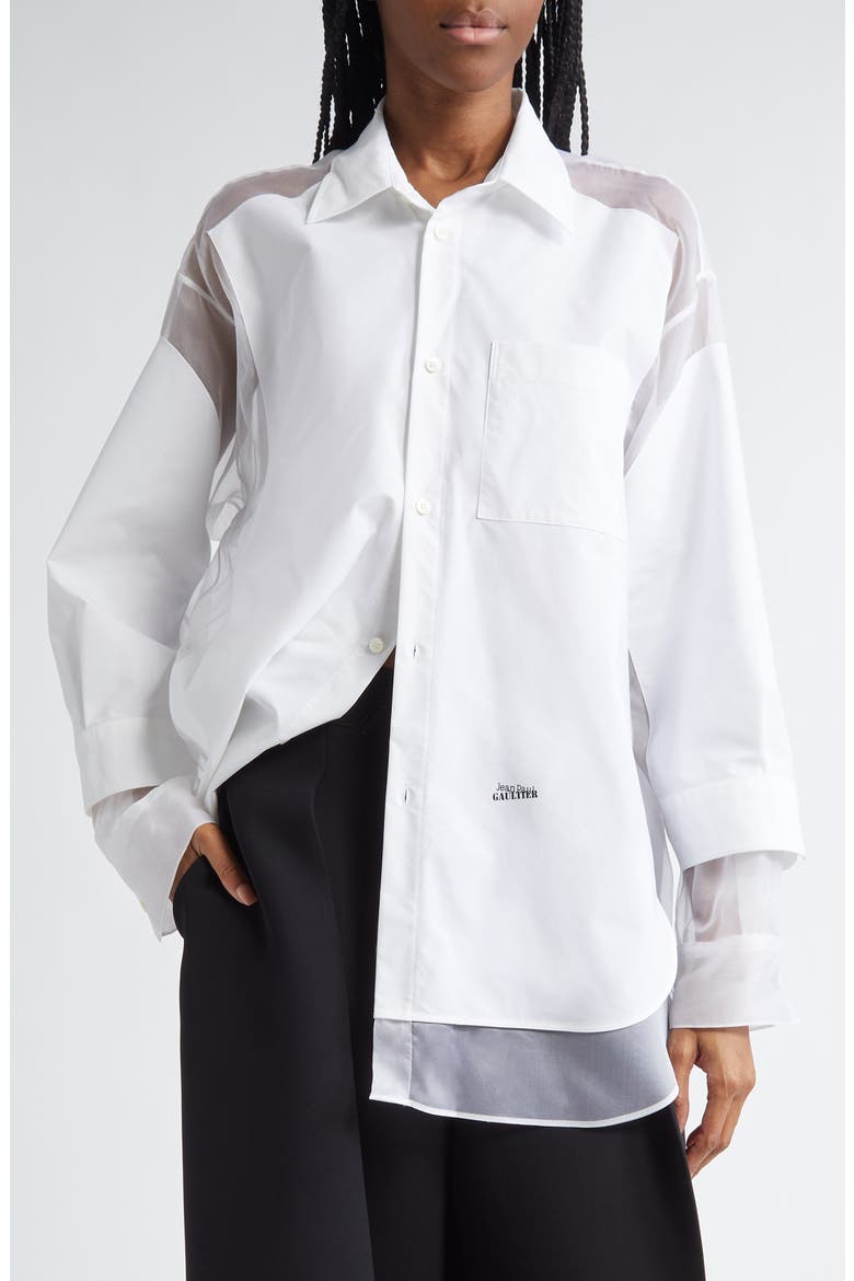 The Petit Grand Mixed Media Button-Up Shirt, Main, color, WHITE