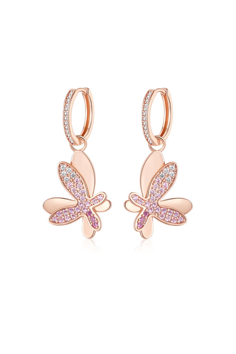 Pavé Butterfly Dangle Drop Hoop Earrings, Main, color, Rose Gold/Pink