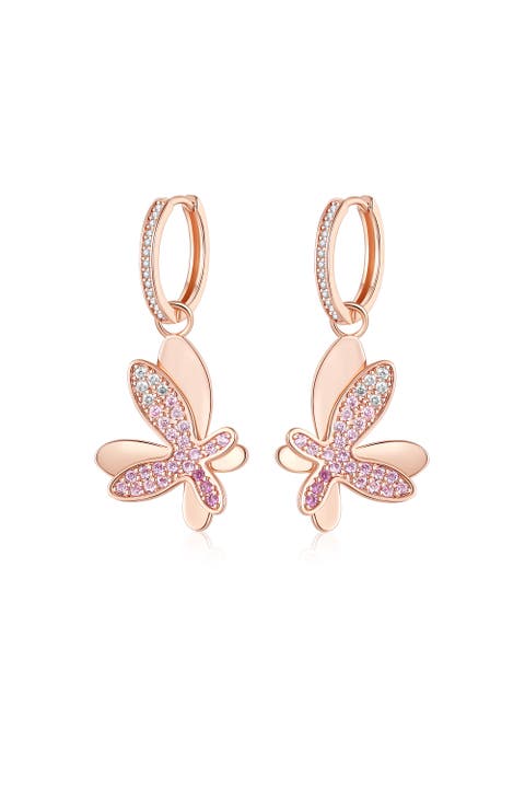 Pavé Butterfly Dangle Drop Hoop Earrings