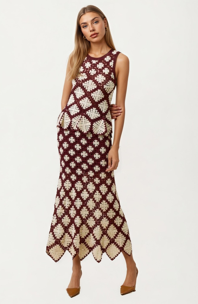 Knit and Lounge Crochet Diamond Pattern Scalloped Hem Midi Skirt, Alternate, color, 