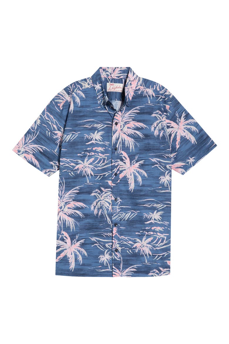 He'e Nalu Print Short Sleeve Cotton Button-Down Shirt, Alternate, color, DENIM BLUE