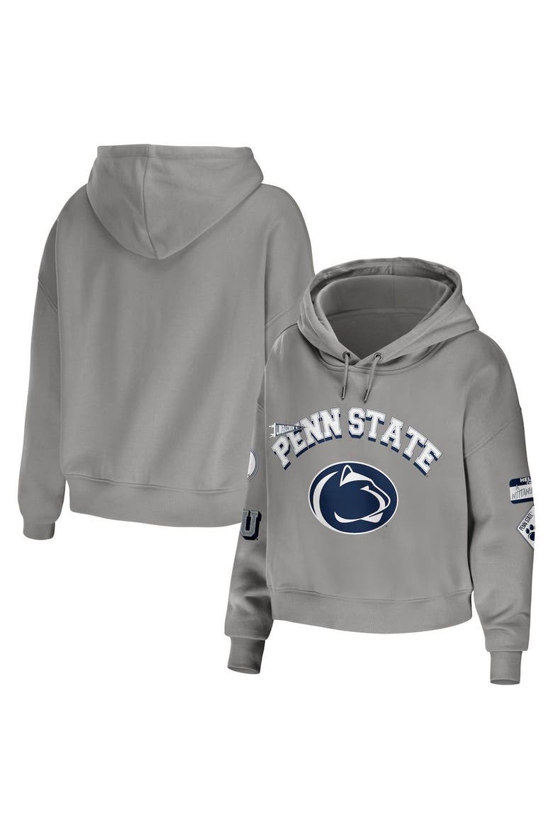 Women's WEAR by Erin Andrews Gray Penn State Nittany Lions Mixed Media Cropped Pullover Hoodie, Main, color, Gray