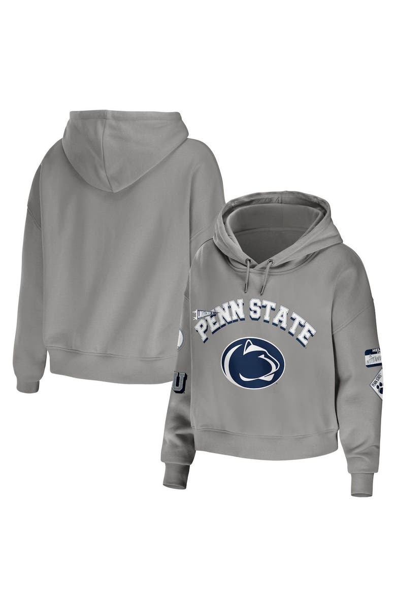 WEAR by Erin Andrews Women's WEAR by Erin Andrews Gray Penn State Nittany Lions Mixed Media Cropped Pullover Hoodie, Main, color, Gray
