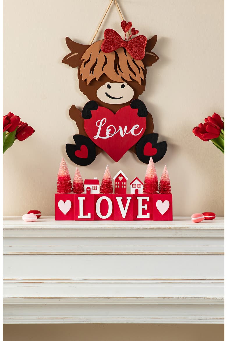 14"L Valentine's Wooden House Brush Trees LOVE Table Decor, Alternate, color, Red