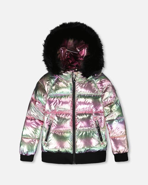 Deux Par Deux Multicolor Metallic Quilted Bomber-style Winter Coat In Pink