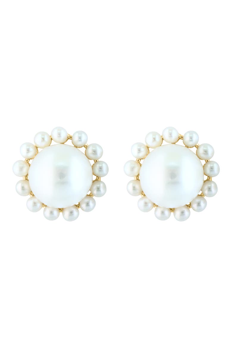 14K Yellow Gold Cultured Freshwater Pearl Halo Stud Earrings, Main, color, WHITE