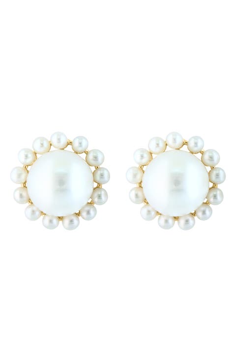 14K Yellow Gold Cultured Freshwater Pearl Halo Stud Earrings