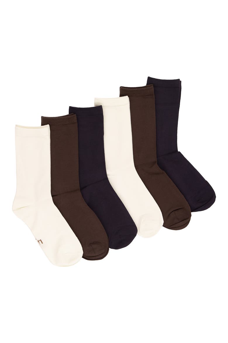 Assorted 6-Pack Soft Crew Socks, Main, color, BLUE/ BROWN/ BEIGE