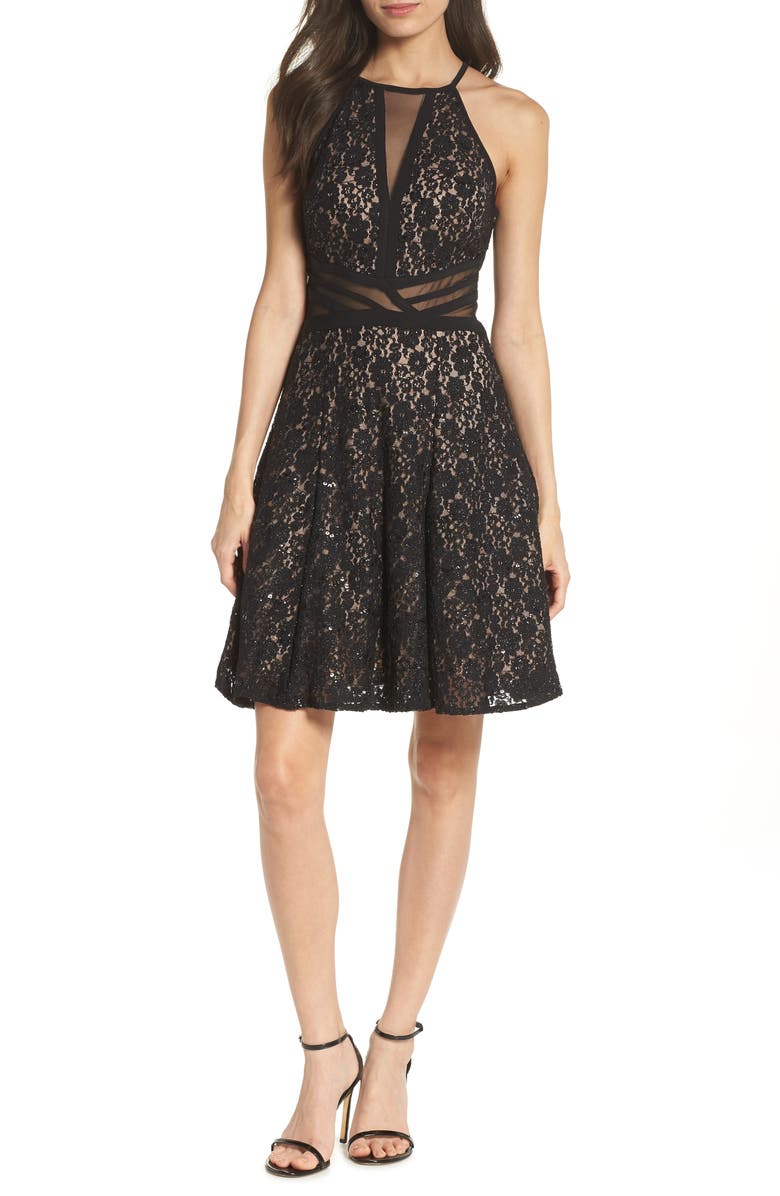 Morgan & Co. Sheer Inset Lace Fit & Flare Dress, Main, color, 