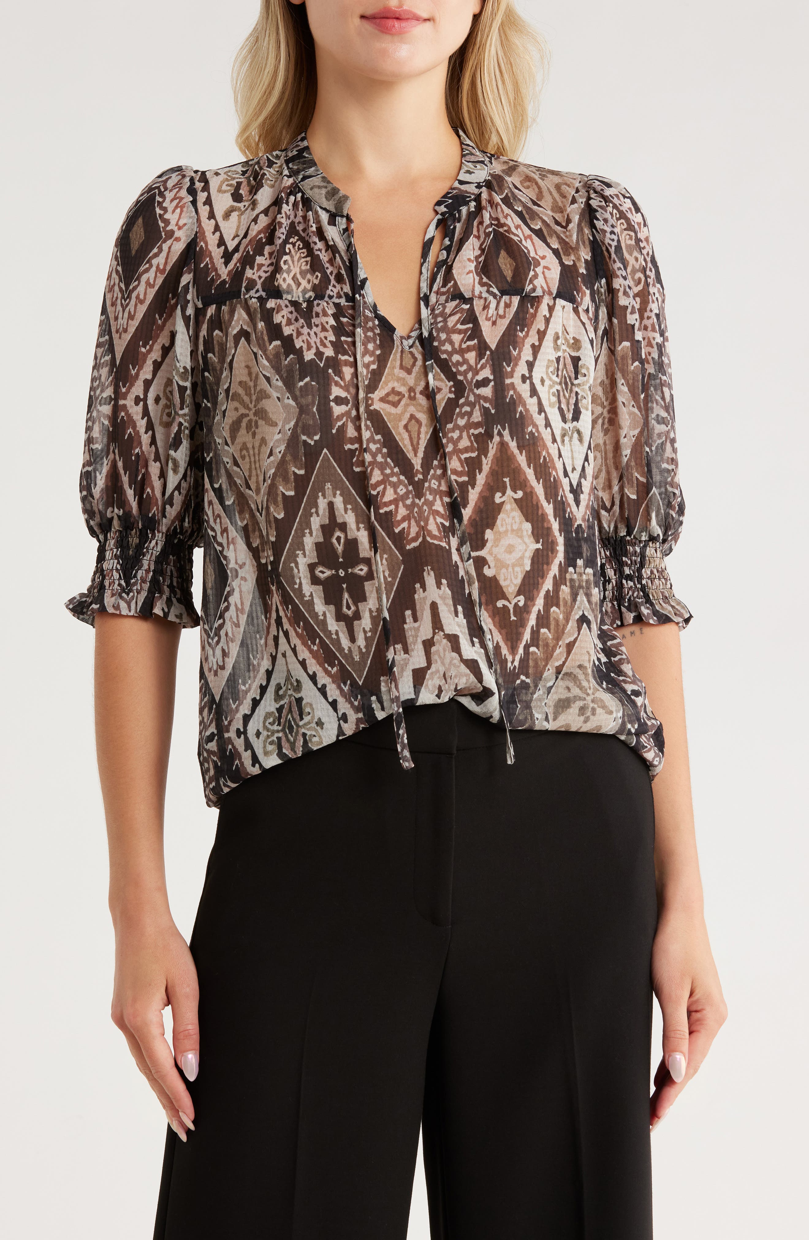 JASON WU Tie Neck Puff Sleeve Printed Top