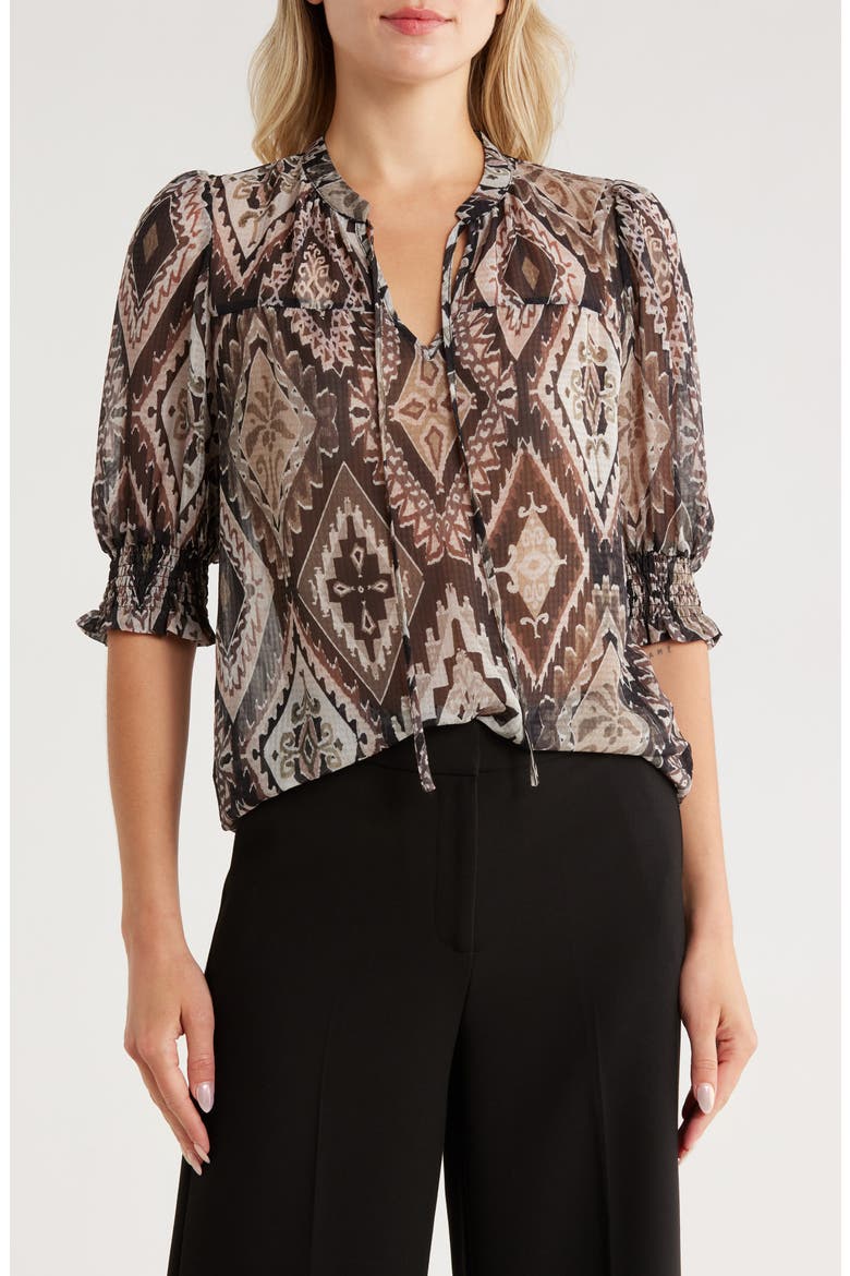 Tie Neck Puff Sleeve Printed Top, Main, color, BROWN DIAMOND