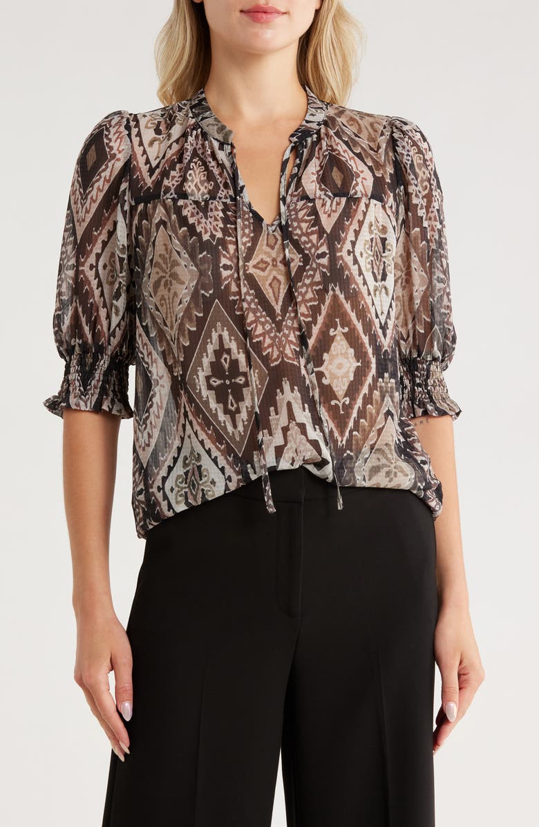 JASON WU Tie Neck Puff Sleeve Printed Top, Main, color, Brown Diamond